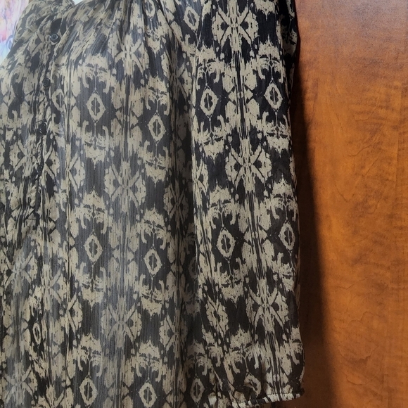 Faded Glory L (12-14) Black Combo Ikat Print Peasant Blouse Tunic Top - Picture 5 of 15